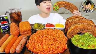 ASMR MUKBANG 직접 만든 대왕 소세지 까르보 불닭볶음면 핫도그 통삼겹 먹방 amp 레시피 FIRE NOODLES AND SAUSAGE EATING SOUND [upl. by Sokin]