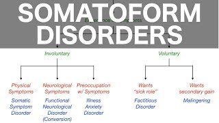 Somatoform Disorders Somatic Symptom Conversion Illness Anxiety Factitious Malingering [upl. by Oria]