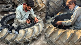 How to Repair Tractor Old Tires and Get Them Back on The Road  HUGE Tractor Tire Sidewall Repaired [upl. by Anidal]