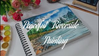 Peaceful Riverside Landscape Painting  Beginner Watercolor Tutorial  Watercolour Painting [upl. by Henriques]