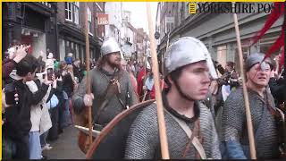 Jorvik Viking Festival 2024 350 Viking warriors and civilians marching from York Minster to Copperg [upl. by Luy67]