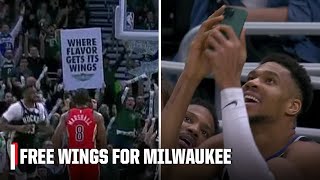 Bucks fans ERUPT over FREE WINGS after missed FTs Giannis scans the code 🤣  NBA on ESPN [upl. by Malvino]