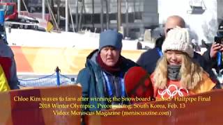 Chloe Kim waves to fans after winning the halfpipe  2018 Winter Olympics  Meniscus Magazine [upl. by Nisen]