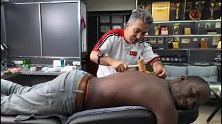 ASMR AMAZING RELAXING BODY MASSAGE ON THE BARBER CHAIR WITH corumluamir [upl. by Aissatan]