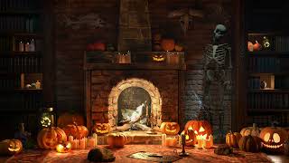 Halloween Scary Fireplace Ambience 4K Background with Music and Spooky Sounds 🎃👻 Cozy Cafe [upl. by Kilam]