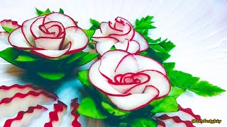 The Beauty Of Rose Carving Garnish Best Vegetable For Flower Design  Red Radish amp Cucumber [upl. by Anilemrac]