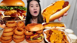 NATHANS FAMOUS CHILI CHEESE DOG MUKBANG BBQ Bacon Tribeca Cheeseburger amp Crispy Onion Rings ASMR [upl. by Spearman652]