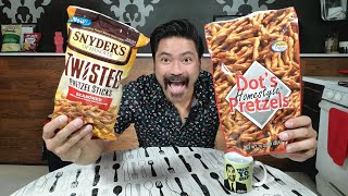 Dots Pretzels vs NEW Snyders of Hanover Seasoned Twisted pretzel sticks [upl. by Yruoc419]