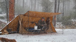 Solo Hot Tent Winter Camping in Snow Storm Wood Stove  ASMR [upl. by Anielram114]