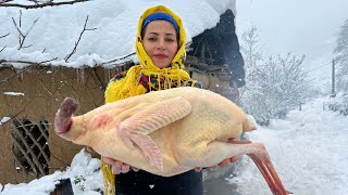 Mix of Cooking giant Turkey in Snowy Day in Village  Stuffed Turkey Recipe [upl. by Amedeo]