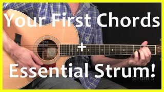 Guitar Lessons  Your First Chords And Strum [upl. by Anawot]