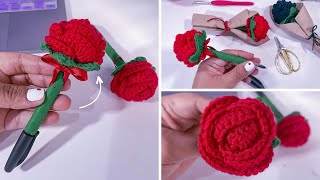 🌹Pluma decorada con rosa tejida a CROCHET se teje fácil 🖊️ Para regalar o vender Paso a paso [upl. by Yumuk758]