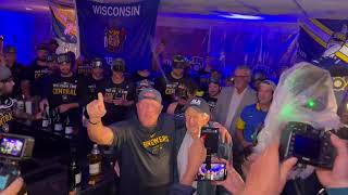 Bob Uecker is given a toast by Brewers manager Pat Murphy during NL Central championship celebration [upl. by Lourdes]