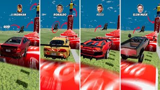 CR7 vs Messi vs Elon Musk vs Iron Man vs CocaCola Road 🚗⚽😱 BeamngDrive [upl. by Adnilab]