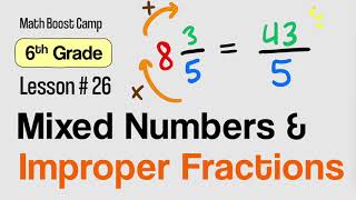 🎯Mixed Numbers and Improper Fractions  Grade 6 Lesson 26  Math Boost Camp 🏕️ [upl. by Urial535]