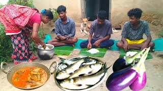 SMALL FISH curry with BRINJAL cooking in traditional method by tribe family l Village life [upl. by Ayamahs]