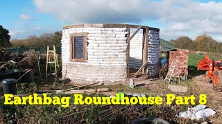 Part 8 Finishing the walls Earthbag roundhouse mancave tiny home [upl. by Tenom]