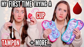 TESTING PERIOD PRODUCTS FIRST TIME trying a tampon menstrual cup  more… [upl. by Ainit995]