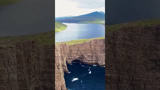 Aerial view of Lake Sørvágsvatn known for the optical illusion shorts [upl. by Arriec]