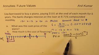 Cost of Borrowing compounded monthly Find Present Value for Monthly 131 payment for 6 years [upl. by Arreic]