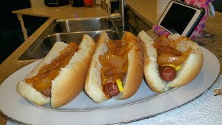 New York Style Onion Sauce Over Sabrett Hot Dogs Recipe [upl. by Seiden]