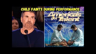 5 year old boy faints on America Got Talent while singing What a Beautiful Name by Hill song Worship [upl. by Atterahs]