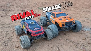 Team Associated Rival Mt10 amp Hpi Savage X Flux Monster Truck Bash [upl. by Gae]