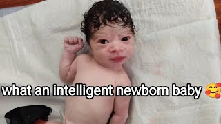 Newborn baby with Beautiful Dark Black Eyes after birth shows how intelligent he will be [upl. by Gschu32]