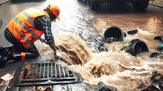 Unclogging Drains to Clear Roads Drainage During Heavy Rainfall [upl. by Nooj]