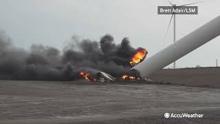 BREAKING Tornado Destroys Prescott Iowa Wind Turbines Fire Ensues [upl. by Airbmak]