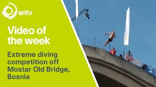 Extreme diving competition off Mostar Old Bridge Bosnia [upl. by Wenona676]