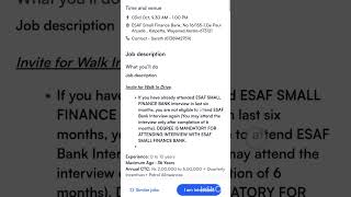 Esaf Small Finance Bank Walk in Interview  Esaf Bank Vacancy job hirings walkininterview [upl. by Acinonrev937]