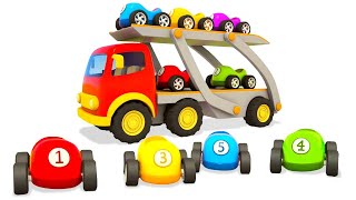 A car transporter for colored racing cars for kids Helper cars full episodes cartoons for kids [upl. by Bonney231]