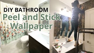 BUDGET Bathroom Makeover  Peel and Stick Wallpaper in a Bathroom  Part 1 [upl. by Irahs]