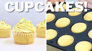 FLUFFY Vanilla Cupcakes How to make classic MELTINYOURMOUTH cupcakes [upl. by Derril]