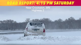 NDMN ROAD REPORT 425 PM Saturday  Vehicle in Ditch WEST of Crookston [upl. by Rapsac362]