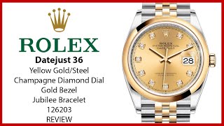 ▶ Rolex Datejust 36 Yellow GoldSteel Champagne Diamond Dial amp Smooth Bezel Jubilee 126203  REVIEW [upl. by Susana654]