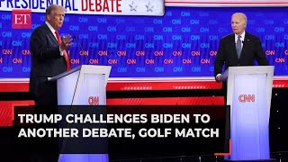 Trump challenges Biden to debate without moderators and a golf match teases VP Kamala Harris [upl. by Eniluqaj]