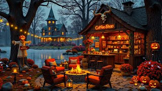 4K Cozy Outdoor Coffee Shop Ambience 🎃 Relaxing Halloween Jazz Music amp Crackling Fireplace to Sleep [upl. by Adok]