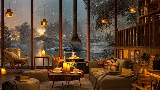 Winter Ambience at Cozy Coffee Shop  Snowfall on Window Fireplace and Lake view For Relax Sleep [upl. by Alemahs632]