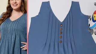 Very easy V neck design with pin tucks to kurti cutting and stitching Sewing Tutorial and Technique [upl. by Hgielek]