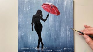 Walking In Rain  Acrylic Painting For Beginners  Red Umbrella  77 [upl. by Aisyle174]