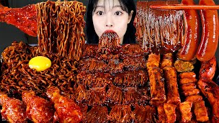 ASMR MUKBANG 직접 만든 불닭 짜장 버섯 양념치킨 소세지 먹방 amp 레시피 SPICY MUSHROOMS AND FIRE NOODLES EATING [upl. by Aitnyc781]