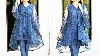 Designer high low tail style open fancy net frock design with cutting and stitching method 2021 [upl. by Aitropal609]