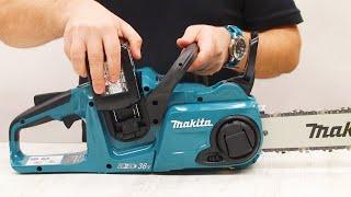 Makita DUC353 cordless chainsaw 2x18V LXT unpacking assembly and preparation for work [upl. by Elleined]