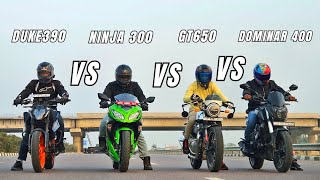 2024 Ktm Duke 390 vs Kawasaki Ninja 300 vs Continental gt 650 vs Bajaj Dominar 400 Quad Battle [upl. by Flagler]