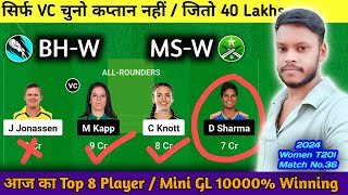 BH W vs MS W Dream11 Prediction  bhw vs msw dream11 team  ms w vs bh w today match  mkglteam11 [upl. by Ynomrah]