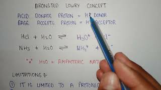 Bronsted Lowry concept for acid and bases  theories of acids and bases  bronsted Lowry theory [upl. by Brezin]