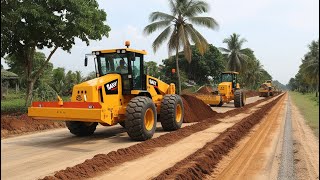 The road construction project in a village with heavy machine graders working to prepare the road [upl. by Benton]