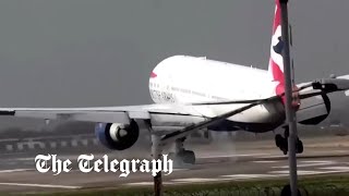 Storm Eunice Pilots struggle to land planes safely at Londons Heathrow airport [upl. by Arreip153]